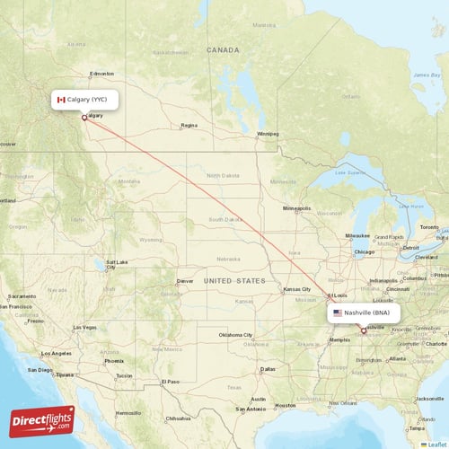 Calgary - Nashville direct flight map
