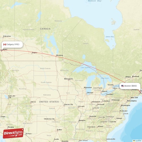 Calgary - Boston direct flight map