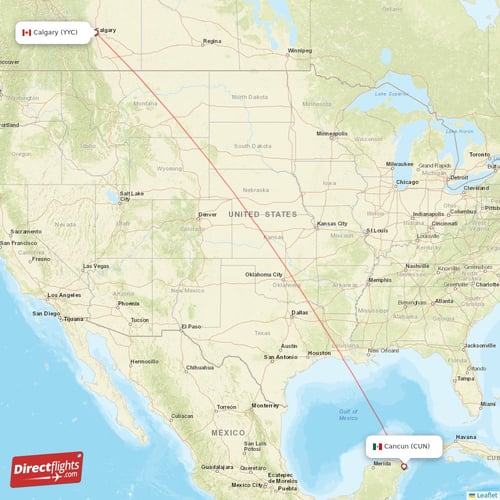 Calgary - Cancun direct flight map