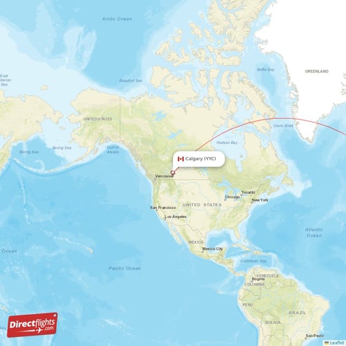 Calgary - Dublin direct flight map