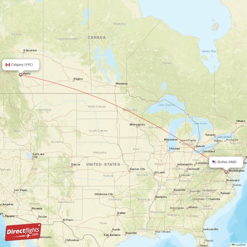 Calgary - Dulles direct flight map
