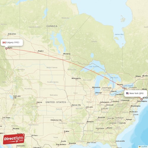 Calgary - New York direct flight map
