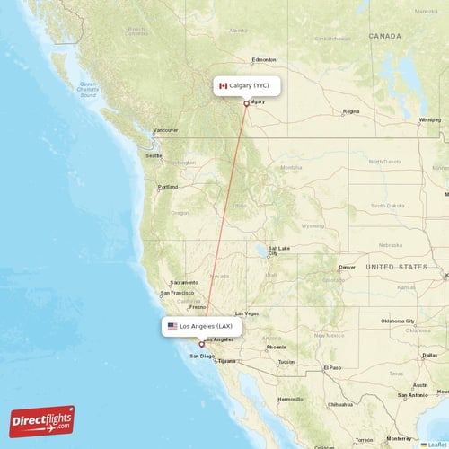Calgary - Los Angeles direct flight map