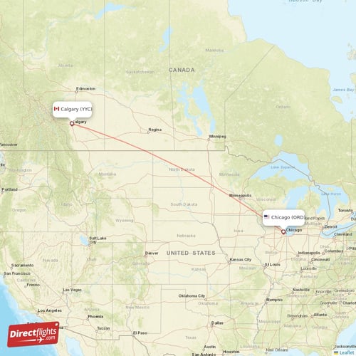 Calgary - Chicago direct flight map