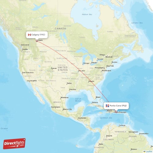 Calgary - Punta Cana direct flight map