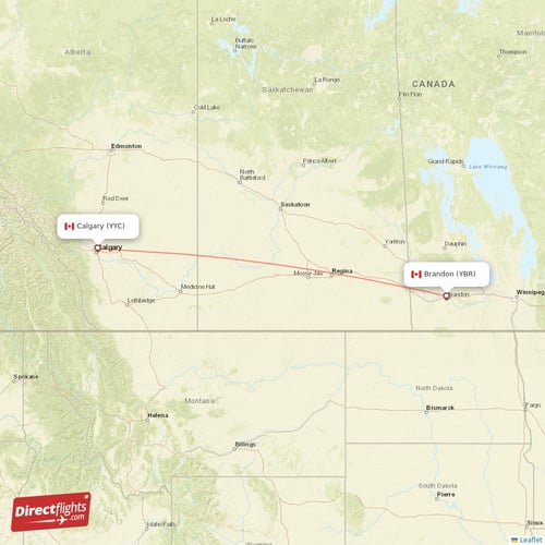 Calgary - Brandon direct flight map