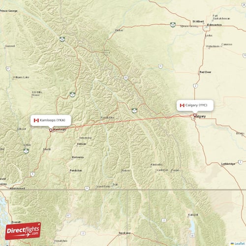 Calgary - Kamloops direct flight map