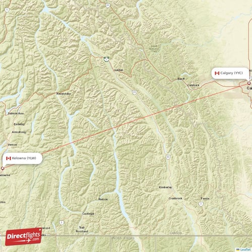 Calgary - Kelowna direct flight map