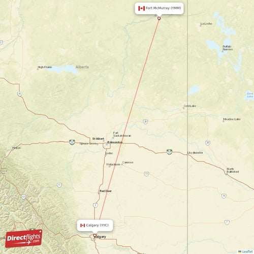 Calgary - Fort McMurray direct flight map