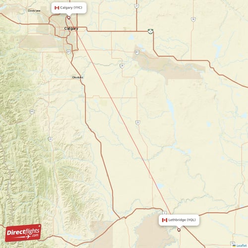 Calgary - Lethbridge direct flight map