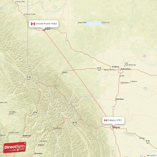 Calgary - Grande Prairie direct flight map