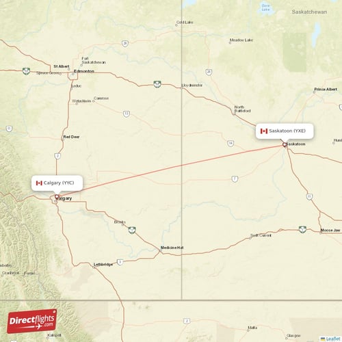 Calgary - Saskatoon direct flight map