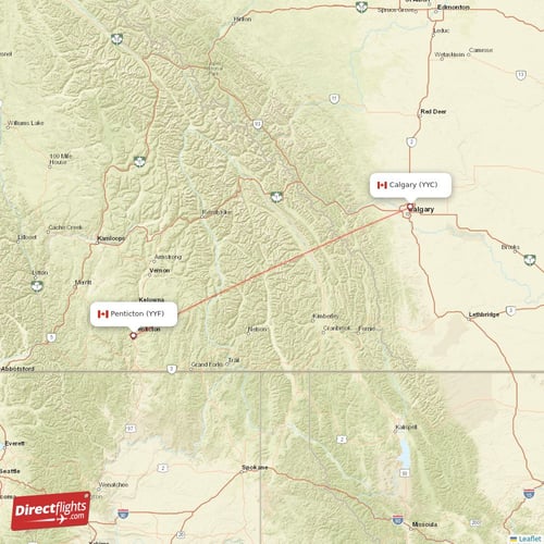 Calgary - Penticton direct flight map