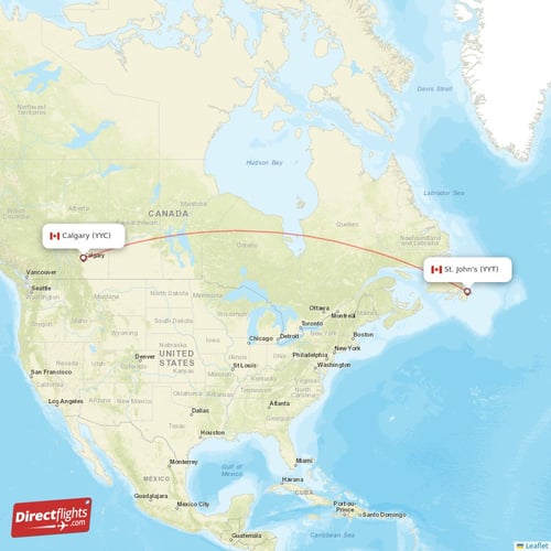 Calgary - St. John's direct flight map