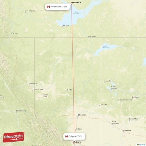 Calgary - Yellowknife direct flight map