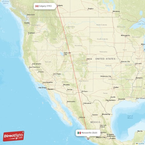 Calgary - Manzanillo direct flight map