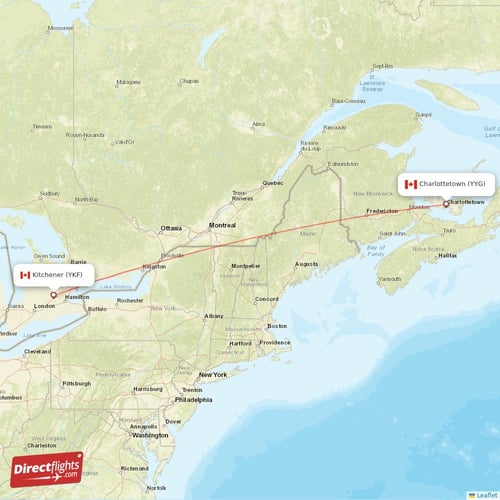 Charlottetown - Kitchener direct flight map