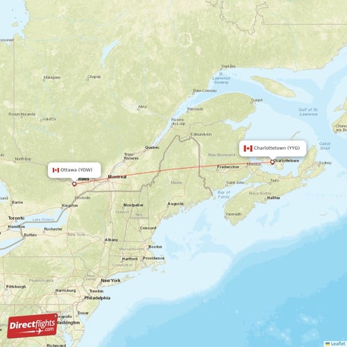 Charlottetown - Ottawa direct flight map