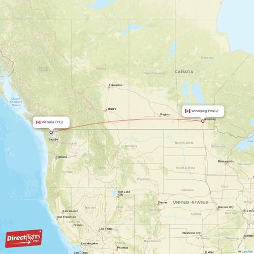 Victoria - Winnipeg direct flight map