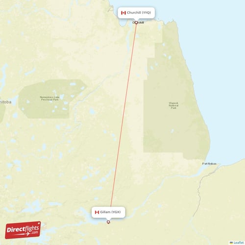 Churchill - Gillam direct flight map