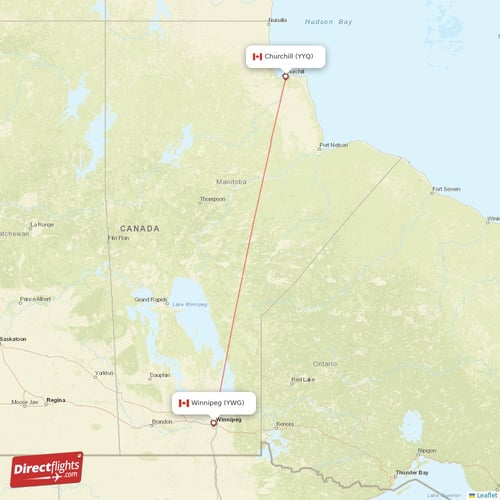 Churchill - Winnipeg direct flight map