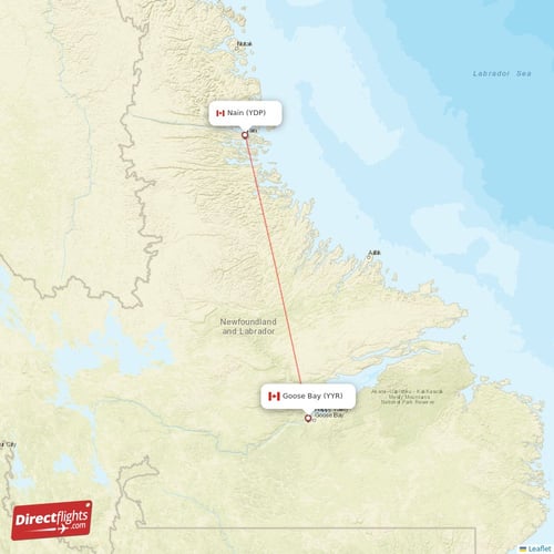 Goose Bay - Nain direct flight map