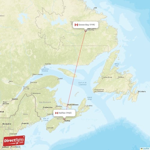 Goose Bay - Halifax direct flight map