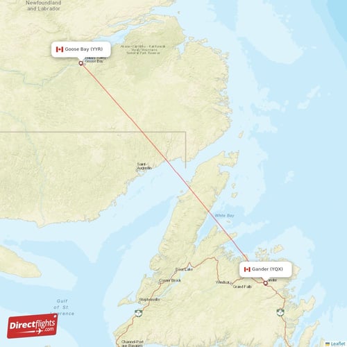 Goose Bay - Gander direct flight map