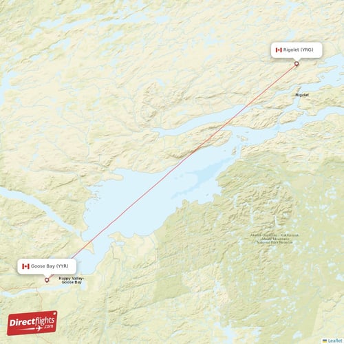 Goose Bay - Rigolet direct flight map