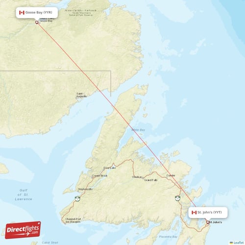 Goose Bay - St. John's direct flight map