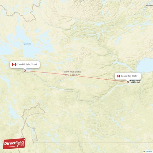 Goose Bay - Churchill Falls direct flight map