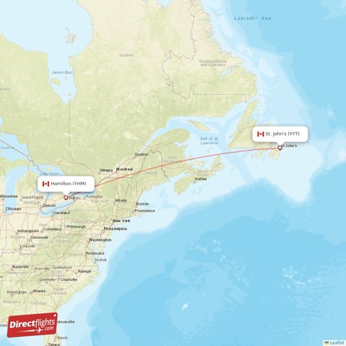 St. John's - Hamilton direct flight map
