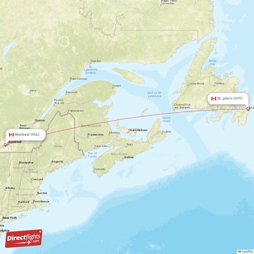 St. John's - Montreal direct flight map