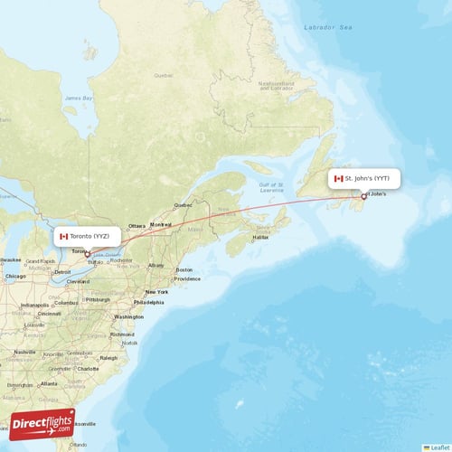 St. John's - Toronto direct flight map