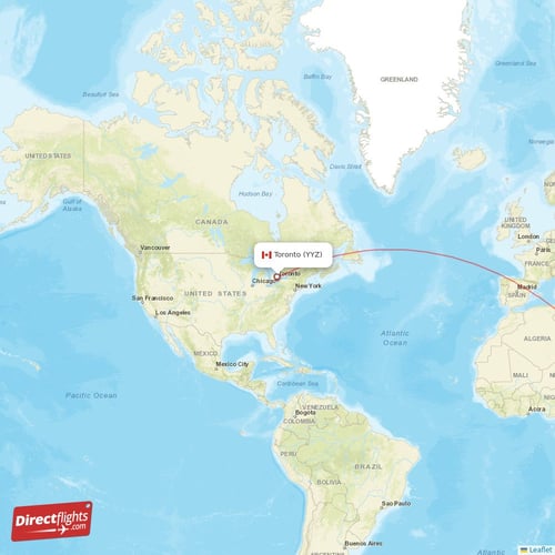 Toronto - Addis Ababa direct flight map