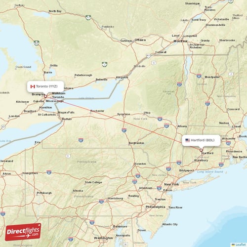 Toronto - Hartford direct flight map