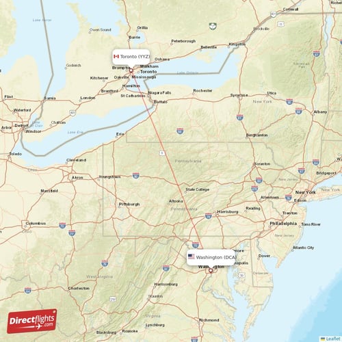Toronto - Washington direct flight map