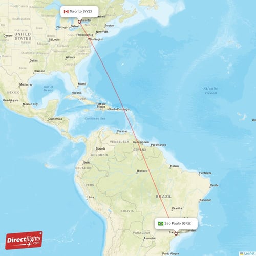 Toronto - Sao Paulo direct flight map