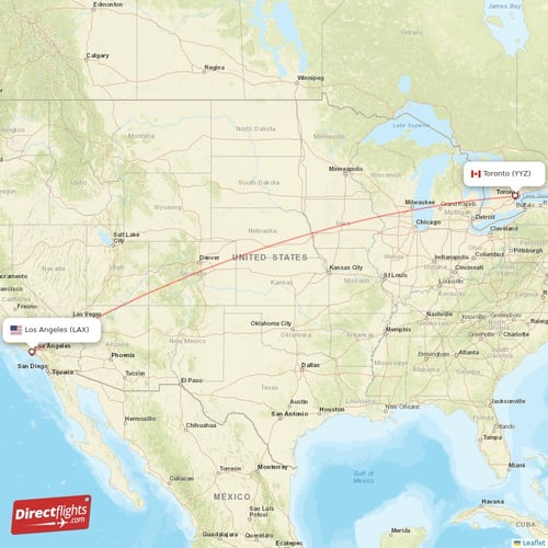 Toronto - Los Angeles direct flight map