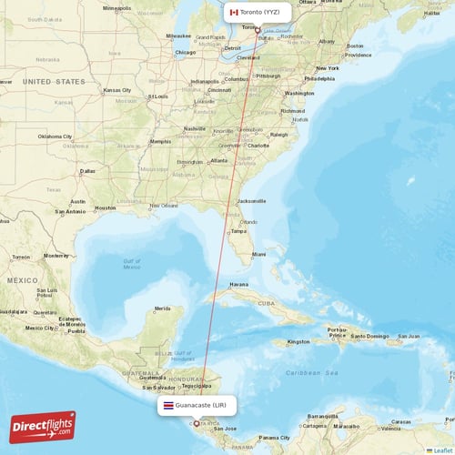 Toronto - Guanacaste direct flight map