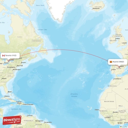 Toronto - Madrid direct flight map