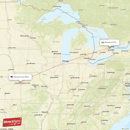 Toronto - Kansas City direct flight map