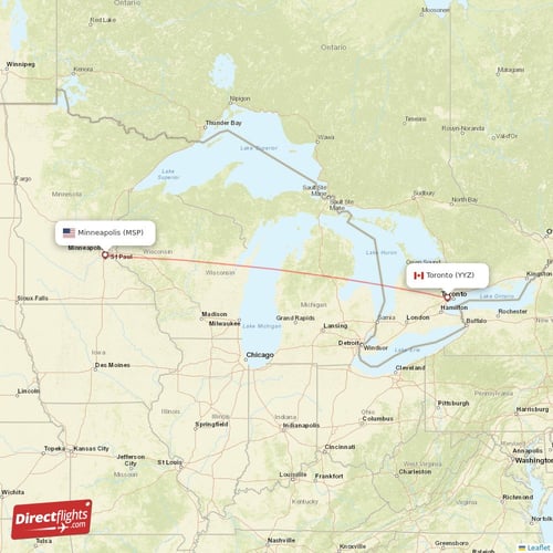 Toronto - Minneapolis direct flight map