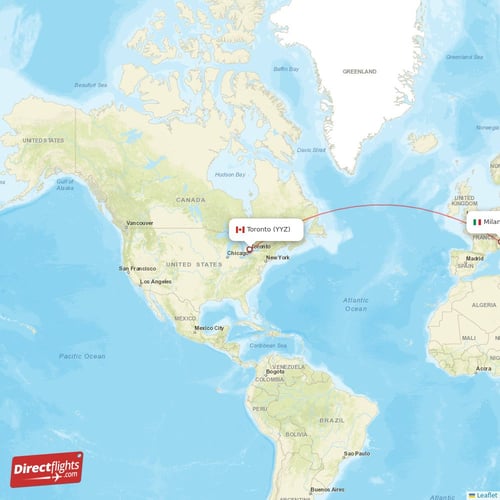 Toronto - Milan direct flight map