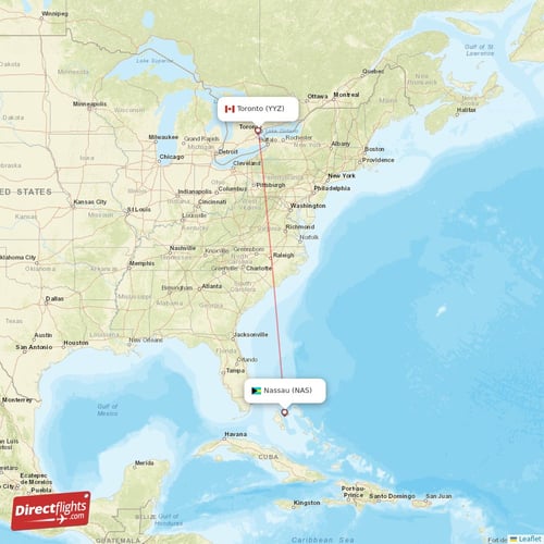 Toronto - Nassau direct flight map