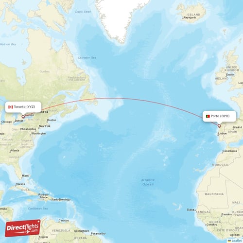 Toronto - Porto direct flight map