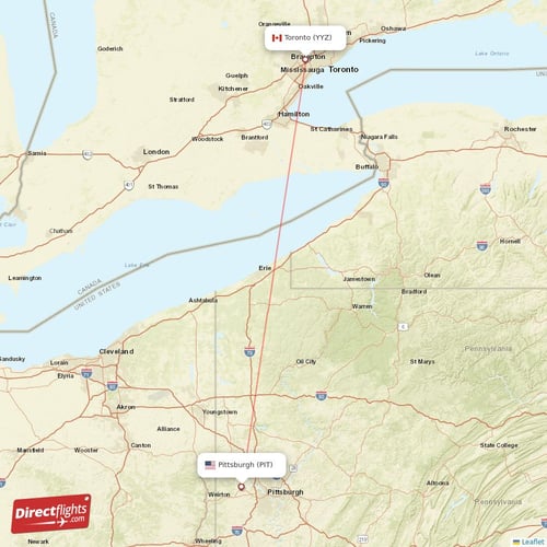 Toronto - Pittsburgh direct flight map