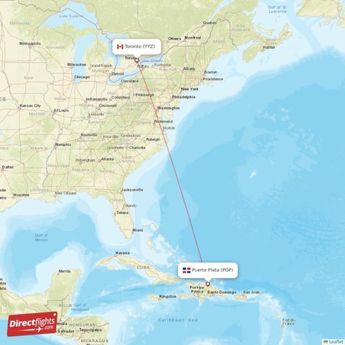 Toronto - Puerto Plata direct flight map