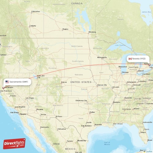 Toronto - Sacramento direct flight map