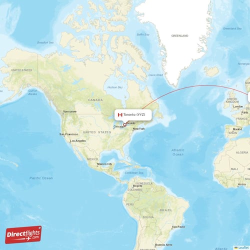 Toronto - Warsaw direct flight map